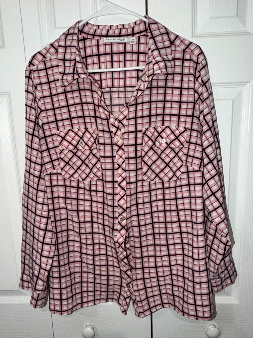 Notations Pink Plaid Button-Down Shirt with Chest Pockets